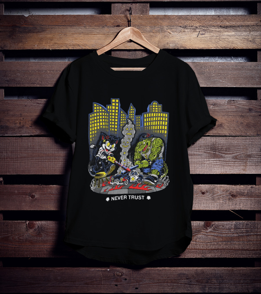 Cat And Crocodile In City Never Trust Police Car Cartoon Scene T-Shirt