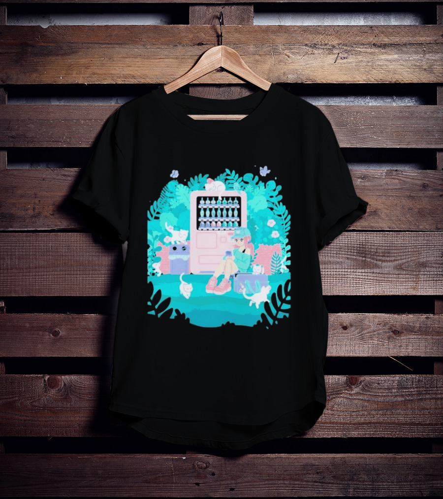 Cat Vending Machine Pastel Aesthetic With Sitting Girl And Cats T-Shirt