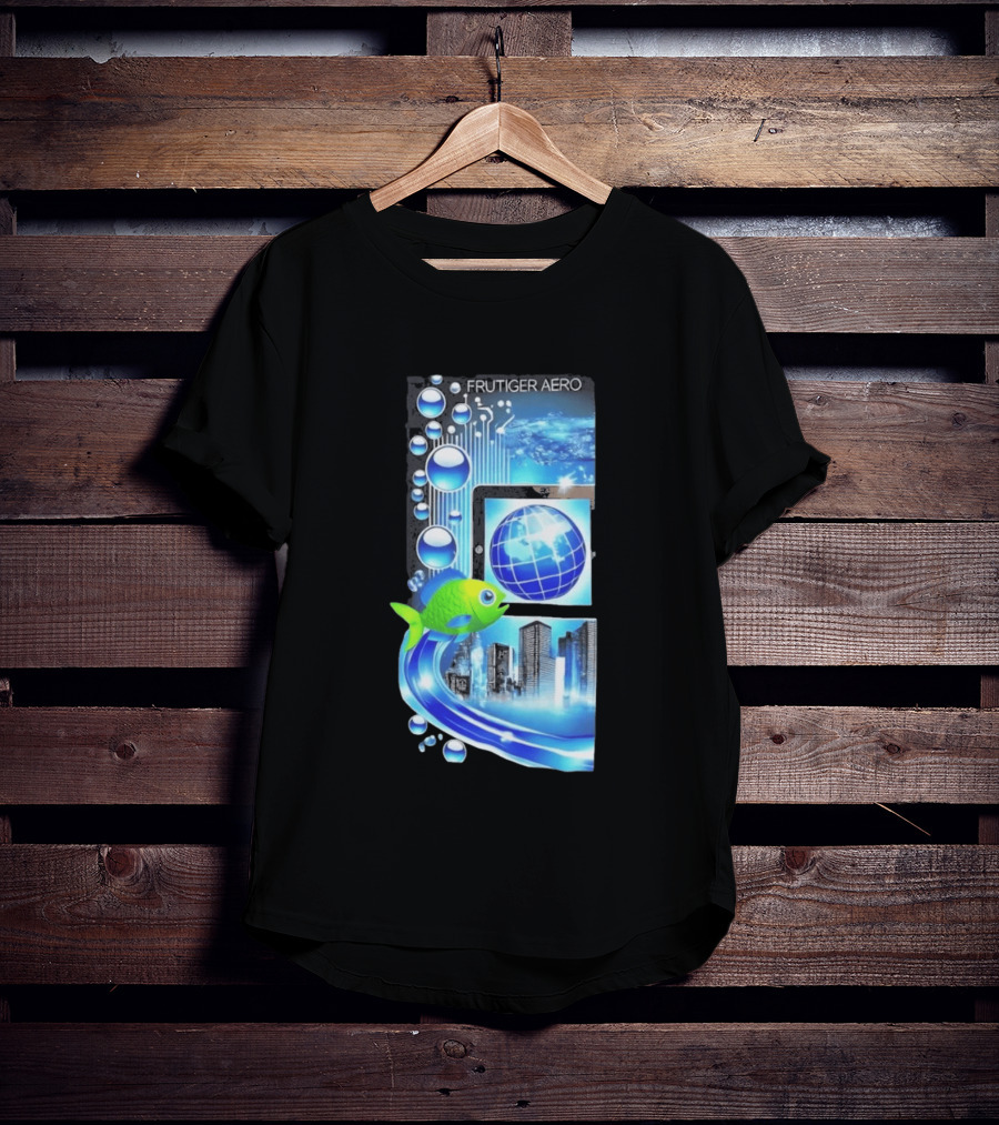 Frutiger Aero Y2K Global Tech Cityscape With Digital Fish And Blue T-Shirt