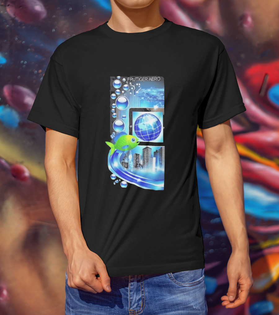 Frutiger Aero Y2K Global Tech Cityscape With Digital Fish And Blue T-Shirt