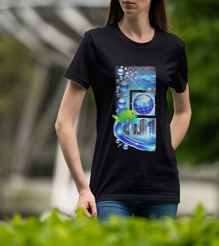 Frutiger Aero Y2K Global Tech Cityscape With Digital Fish And Blue T-Shirt