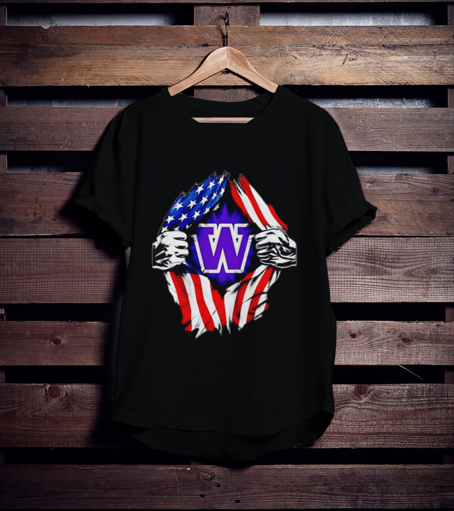 Washington Huskies W Logo American Flag Ripped Chest T-Shirt