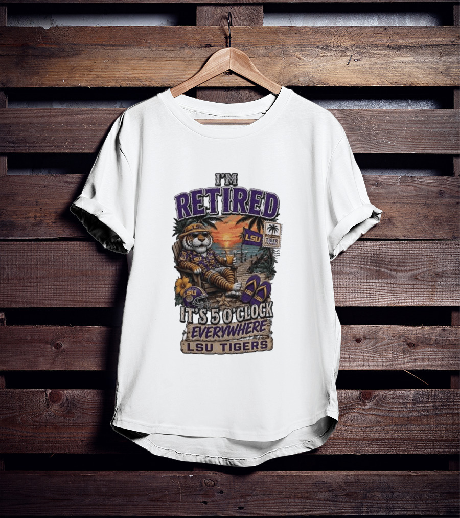 LSU Tigers I'm Retired It's 5 O' Everywhere Beach Relaxation With Palm Trees And Sunset T-Shirt