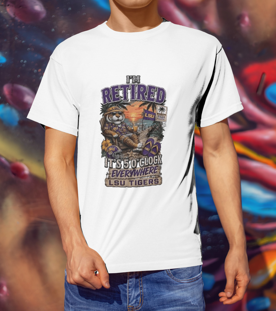 LSU Tigers I'm Retired It's 5 O' Everywhere Beach Relaxation With Palm Trees And Sunset T-Shirt