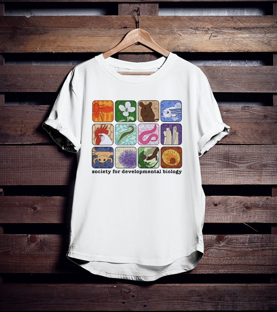 Society For Developmental Biology Model Organisms Collage Fly Plant Mouse Fish Chicken Worm Frog Plant Embryo Egg Cell T-Shirt