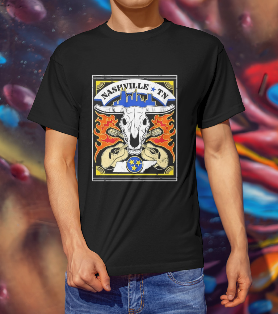 Nashville TN Cow Skull Guitars Flames Skyline Blue Star T-Shirt