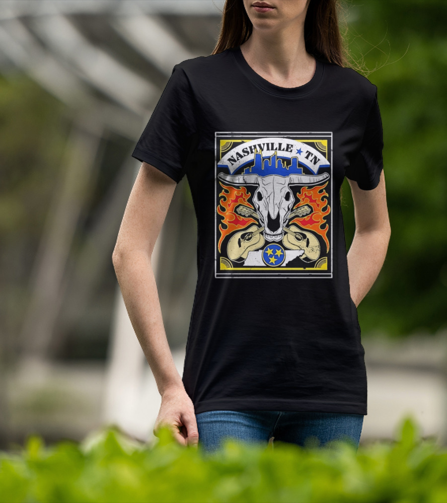 Nashville TN Cow Skull Guitars Flames Skyline Blue Star T-Shirt