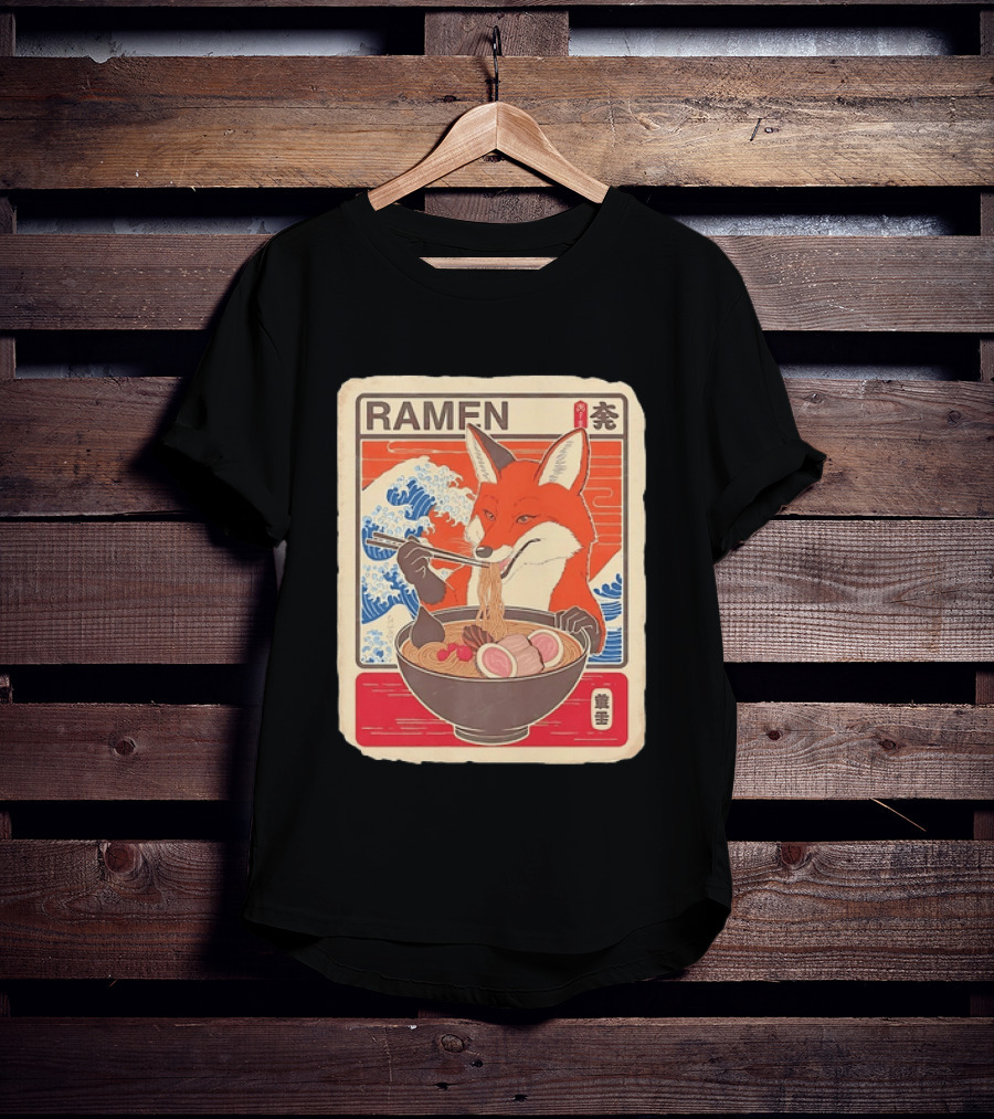 Fox Eating Ramen With Japanese Wave T-Shirt