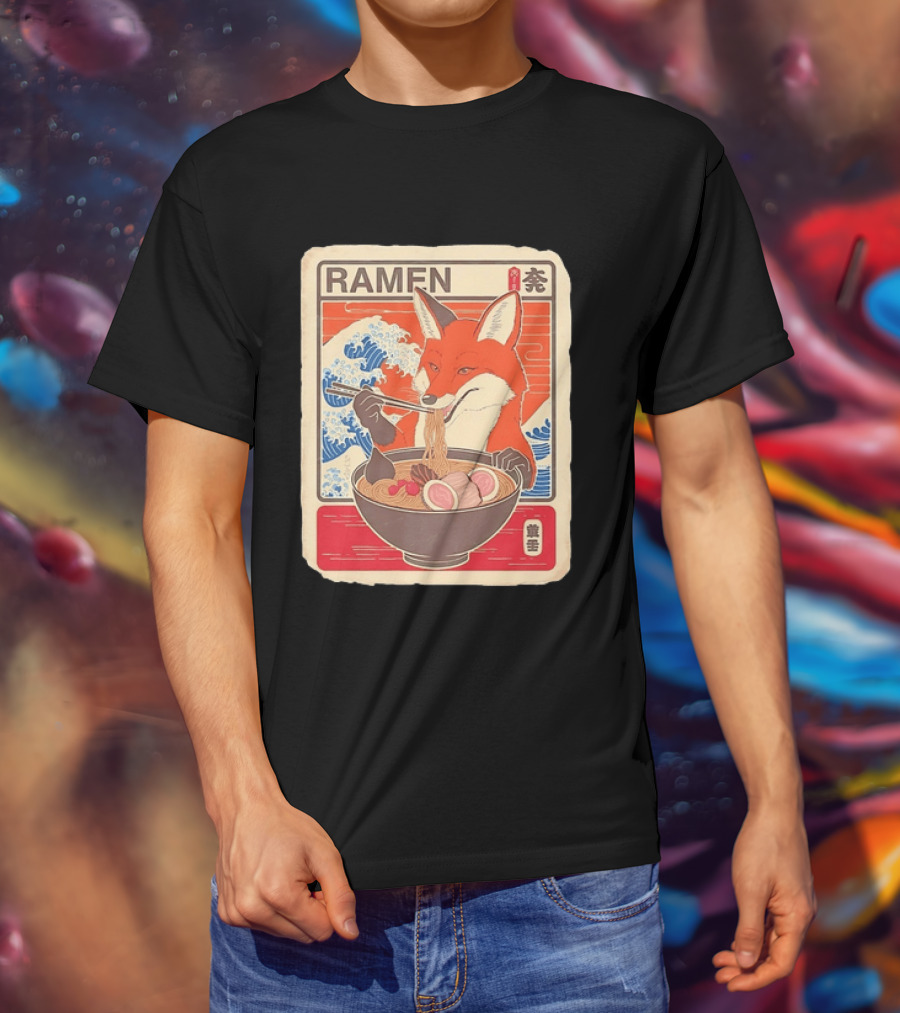 Fox Eating Ramen With Japanese Wave T-Shirt