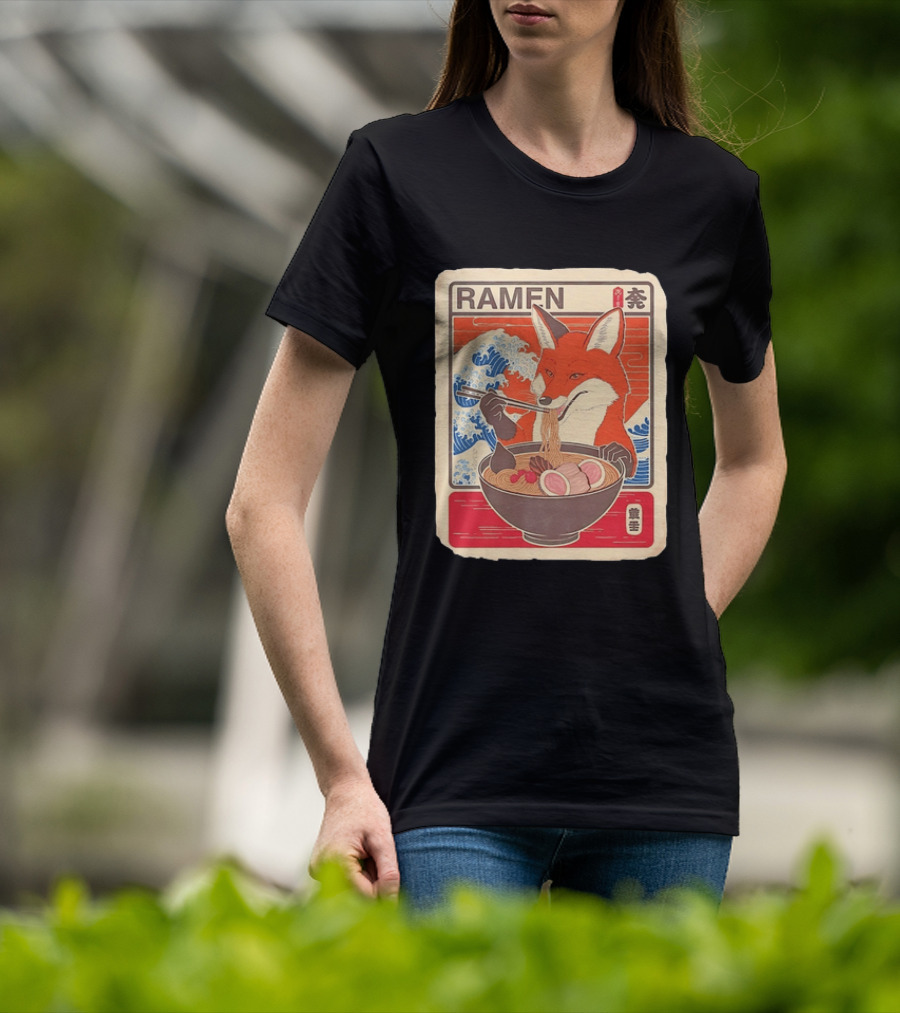 Fox Eating Ramen With Japanese Wave T-Shirt