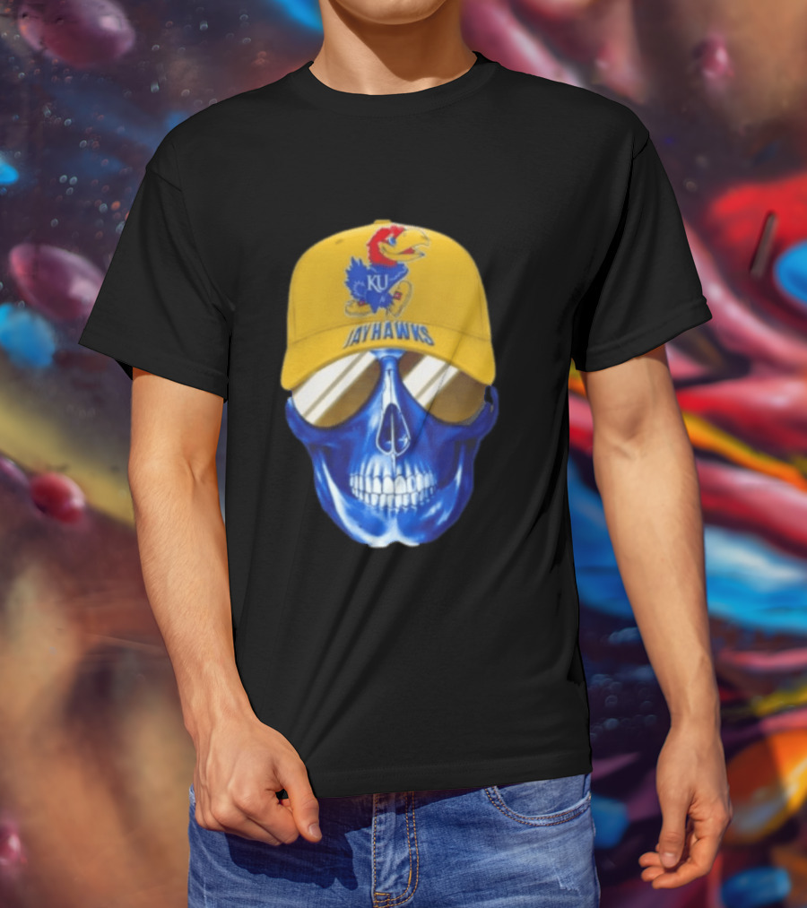 Kansas Jayhawks Skull Cap Fans Wear KU Jayhawks Edition T-Shirt