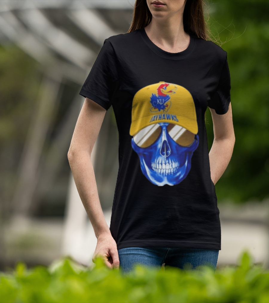 Kansas Jayhawks Skull Cap Fans Wear KU Jayhawks Edition T-Shirt