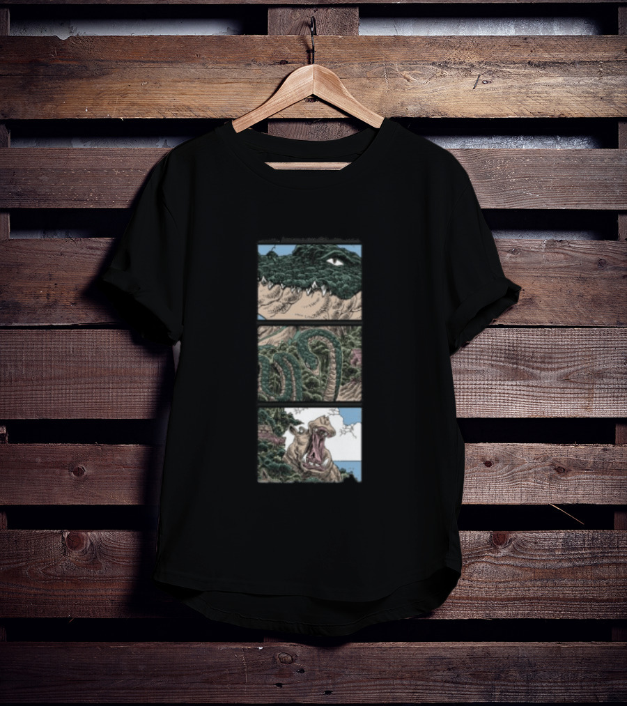 The Longest Johns Store Ends Of The Earth UK Tour Black Crocodile And Dinosaur Comic Strip T-Shirt