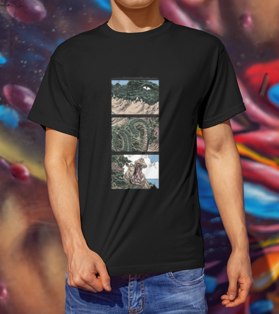 The Longest Johns Store Ends Of The Earth UK Tour Black Crocodile And Dinosaur Comic Strip T-Shirt