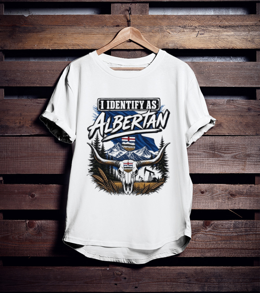 I Identify As Albertan Alberta Flag Longhorn Skull Wheat Forest Scene T-Shirt