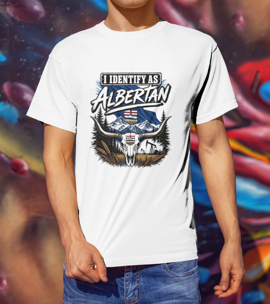 I Identify As Albertan Alberta Flag Longhorn Skull Wheat Forest Scene T-Shirt