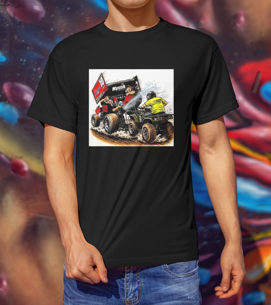 ATV Racing Action With Mystik Lubricants Dirt Track Riders Off Road Racing Vehicles And Hampel 65 Speed Shop T-Shirt