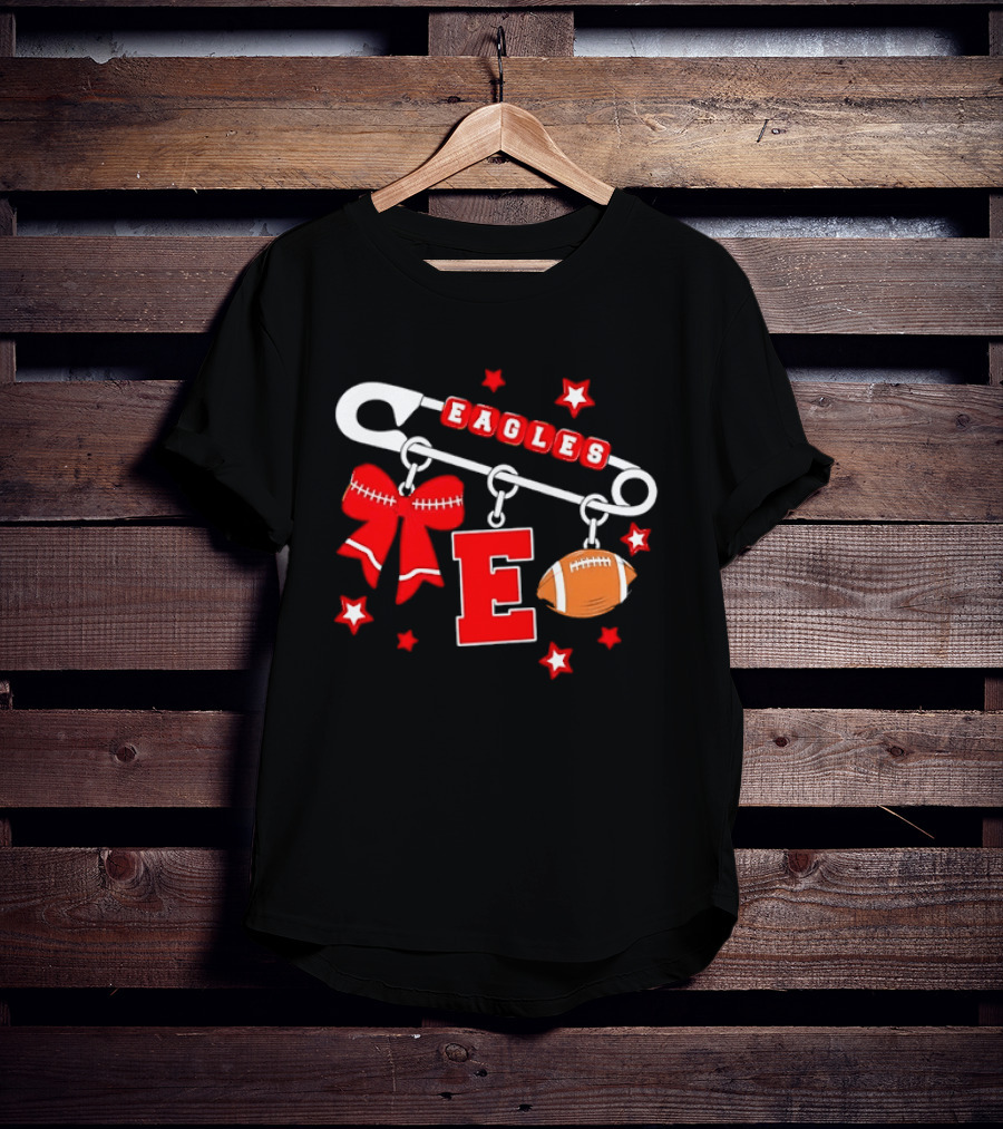 Eagles Safety Pin Charm Football Bow Letter E Stars T-Shirt