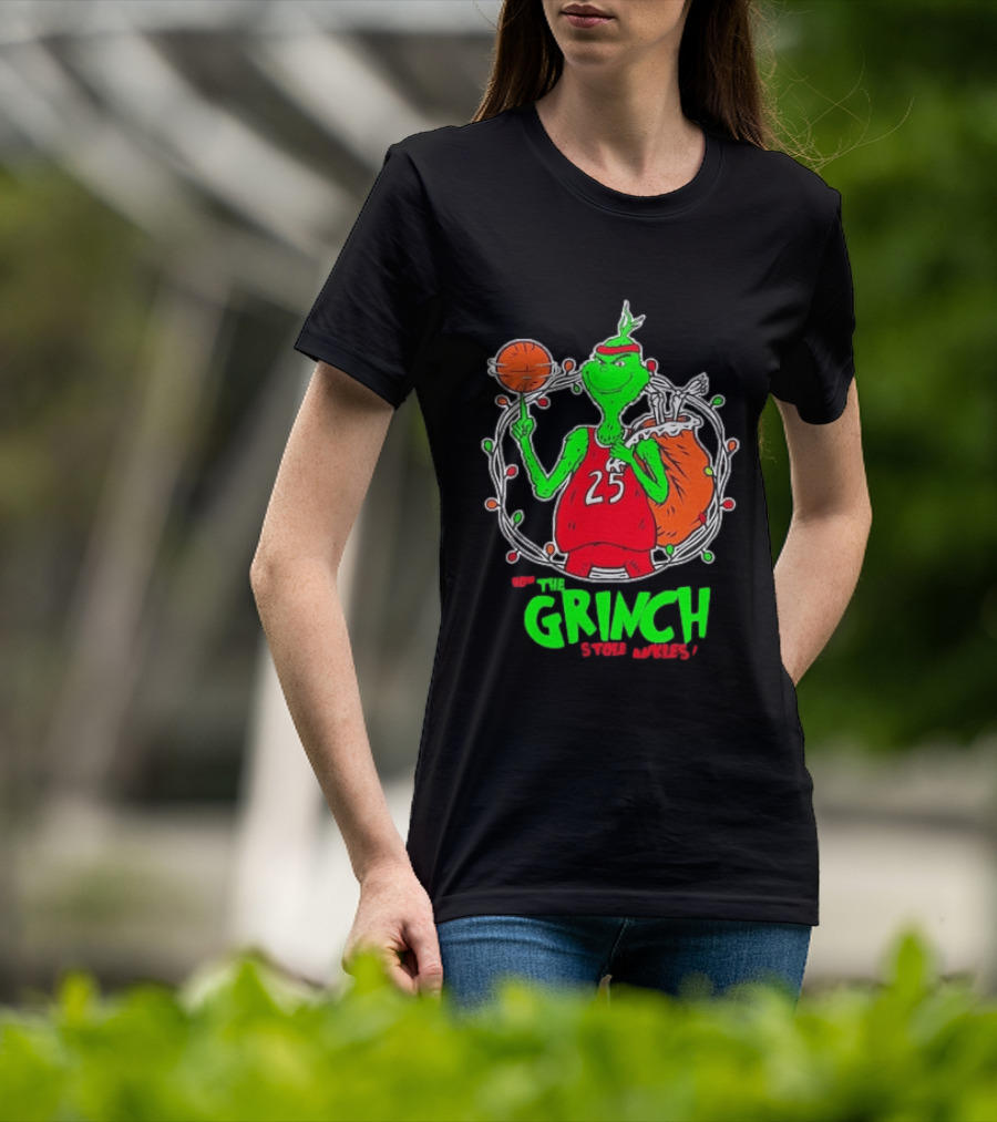 The Grinch Basketball Christmas Lights Jersey 25 Stole Ankles Green T-Shirt