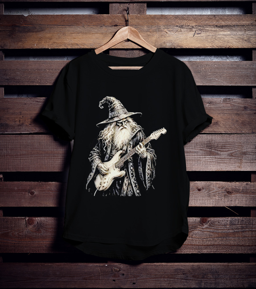 Wizard Playing Electric Guitar Fantasy Musician Magical Rock Legend T-Shirt