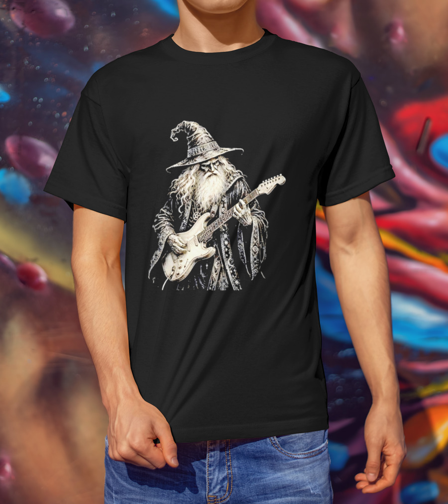 Wizard Playing Electric Guitar Fantasy Musician Magical Rock Legend T-Shirt