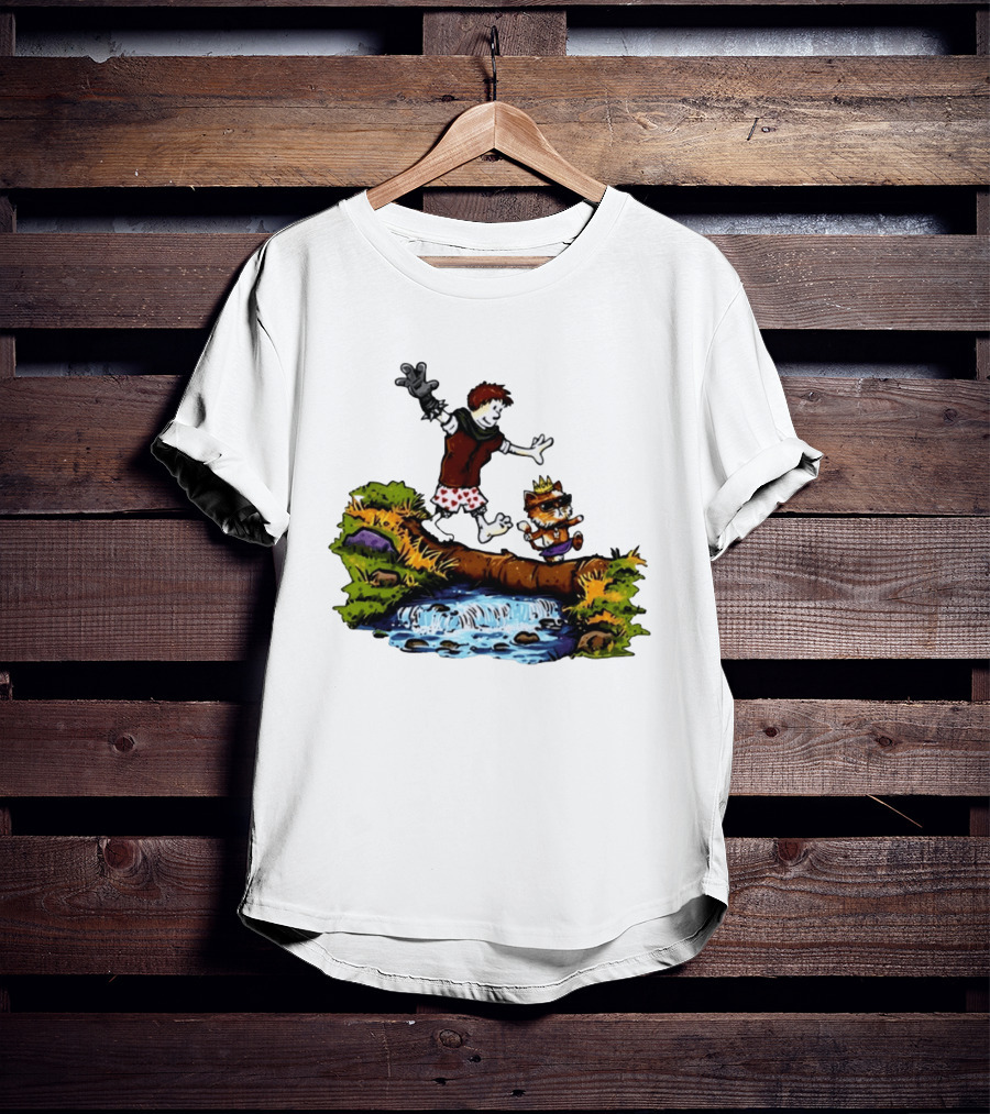Boy And Crowned Cat Balancing On Log Over Stream T-Shirt