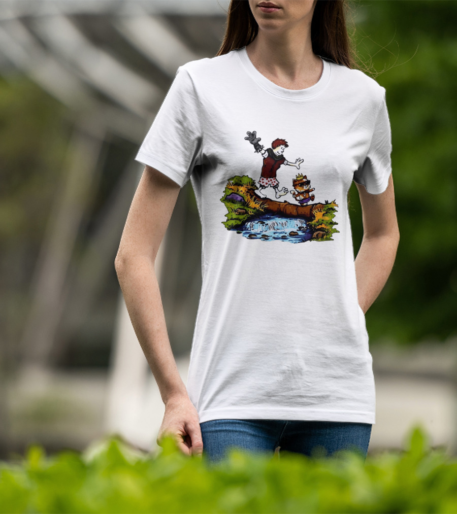 Boy And Crowned Cat Balancing On Log Over Stream T-Shirt