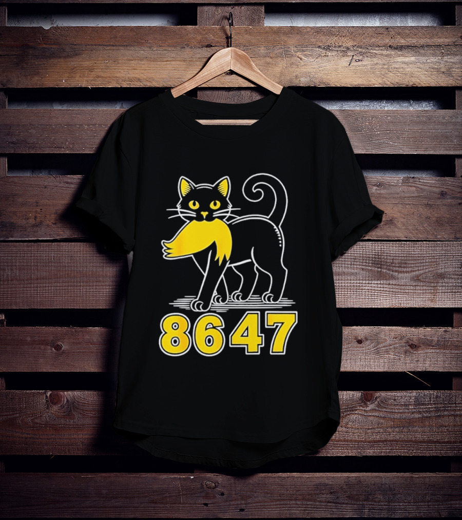 Black Cat 8647 Feline With Yellow Mustache T-Shirt