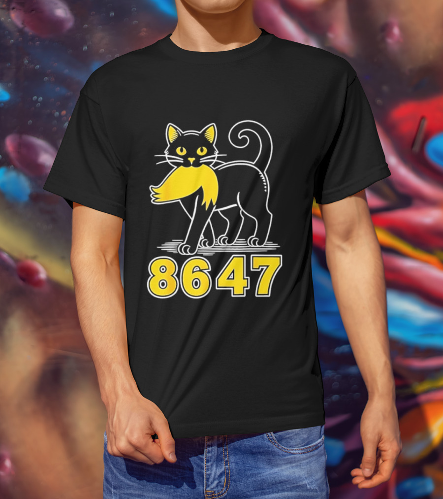 Black Cat 8647 Feline With Yellow Mustache T-Shirt
