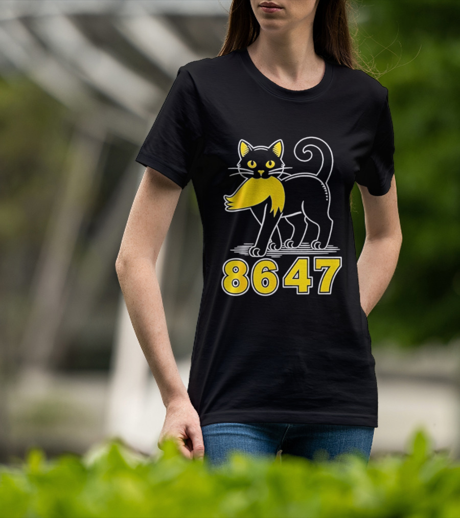 Black Cat 8647 Feline With Yellow Mustache T-Shirt