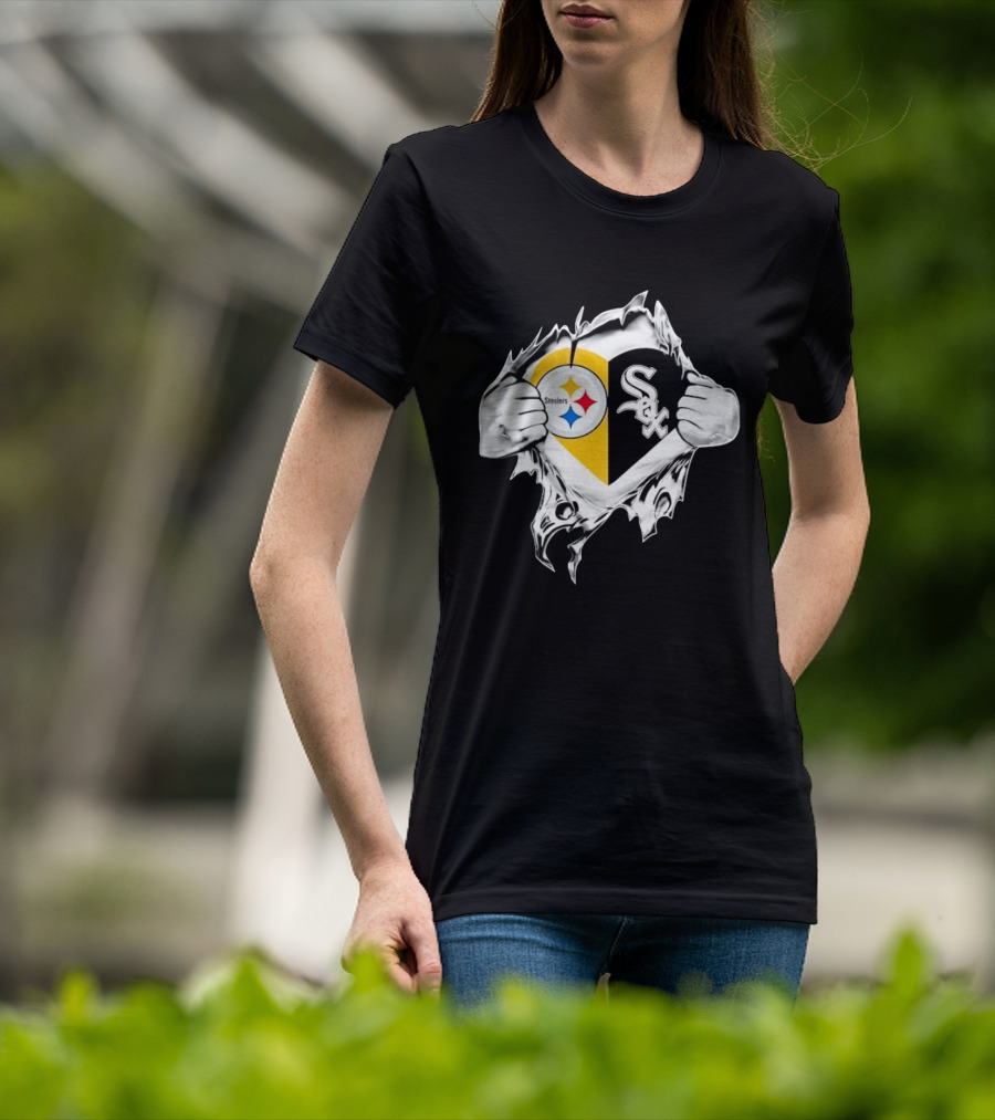 Pittsburgh Steelers Chicago White Sox Heart Superman Chest Rip T-Shirt