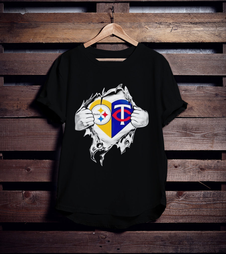 Pittsburgh Steelers Minnesota Twins Heart Superman Chest Rip T-Shirt