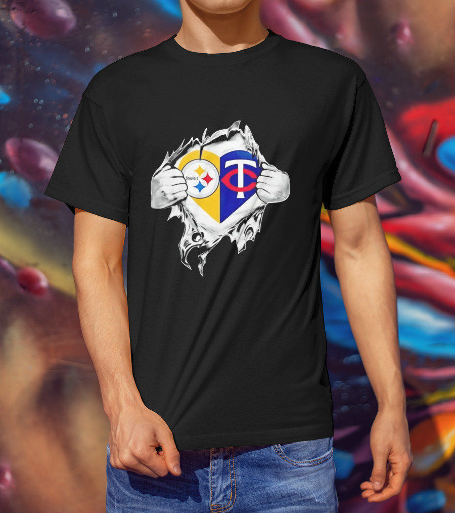 Pittsburgh Steelers Minnesota Twins Heart Superman Chest Rip T-Shirt