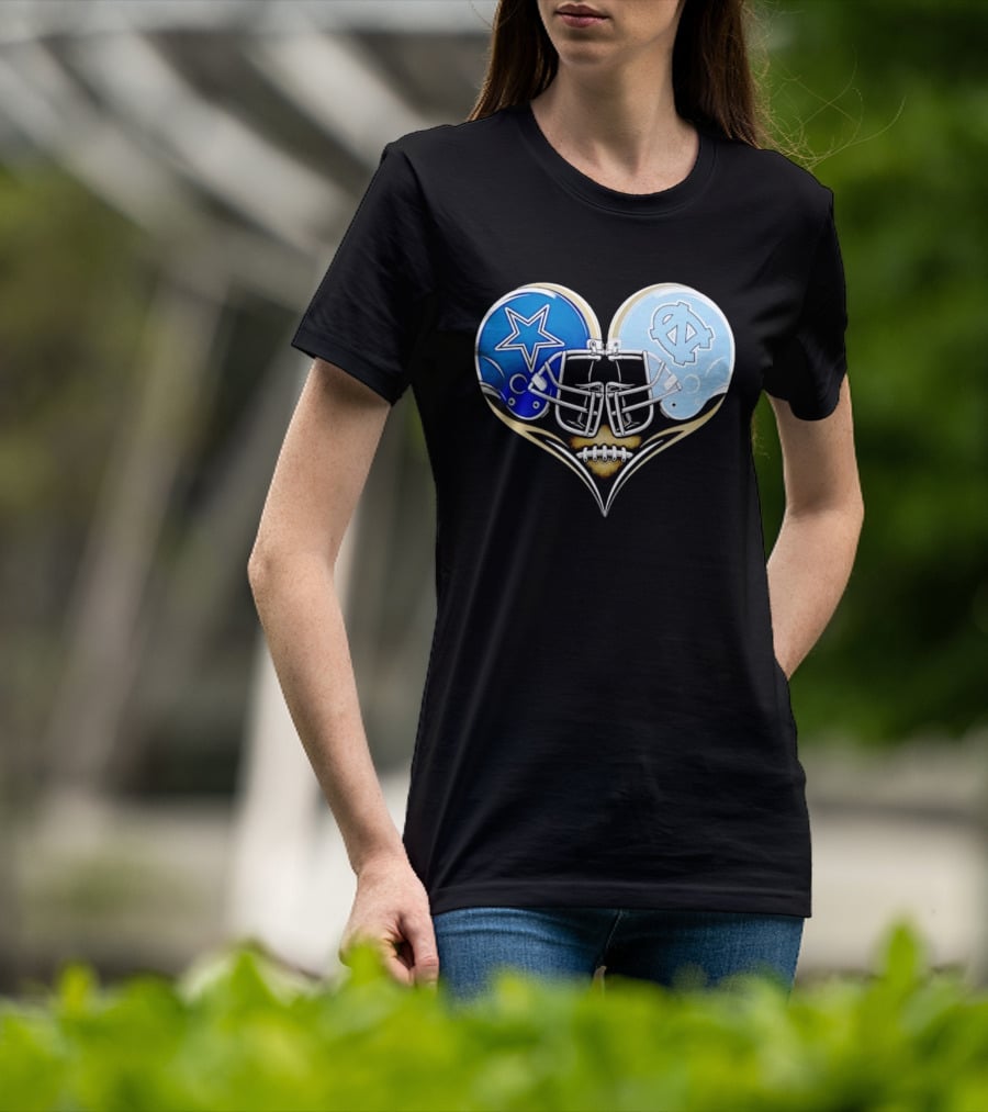 Dallas Cowboys North Carolina Tar Heels Heart Helmet Football T-Shirt