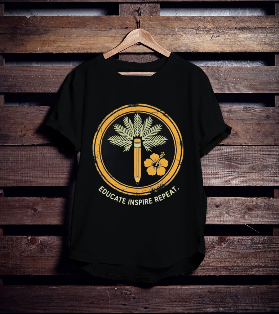 Distressed Educate Inspire Repeat Palm Tree Pencil Hibiscus T-Shirt