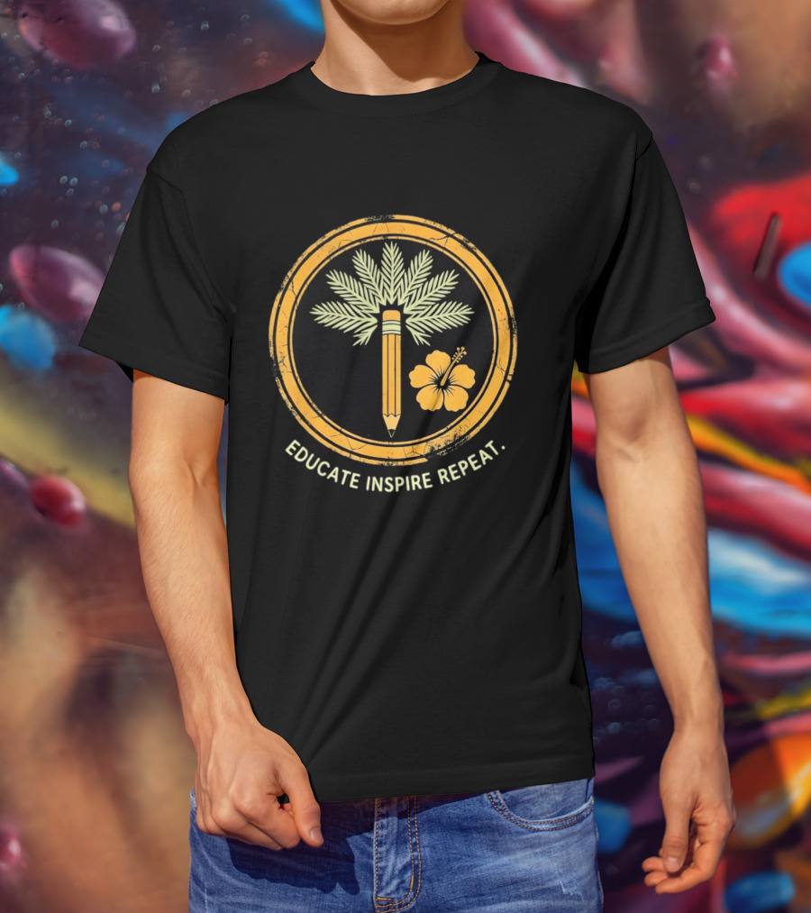 Distressed Educate Inspire Repeat Palm Tree Pencil Hibiscus T-Shirt