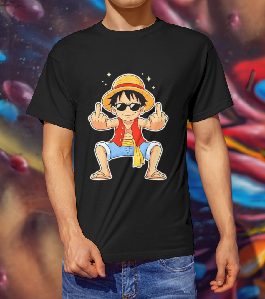 Monkey D Luffy Sunglasses Middle Finger Gesture Anime T-Shirt