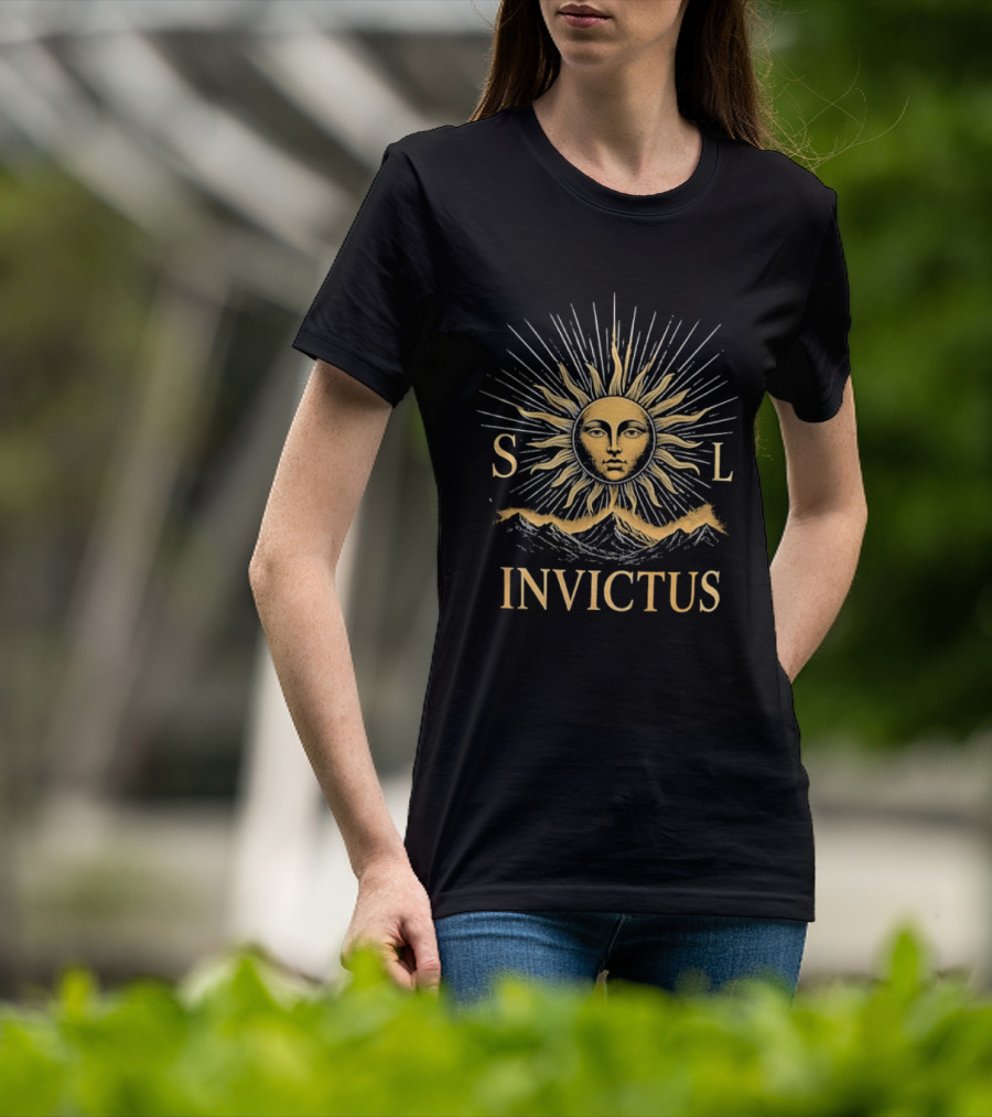 Sol Invictus Sun Face With Radiant Beams And Mountain Celestial T-Shirt