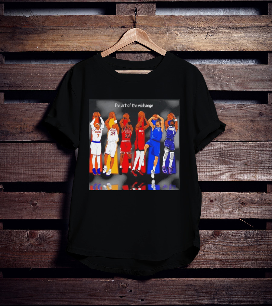 The Art Of The Midrange Basketball Legends Collage Knicks Lakers Bulls Rockets Mavericks T-Shirt