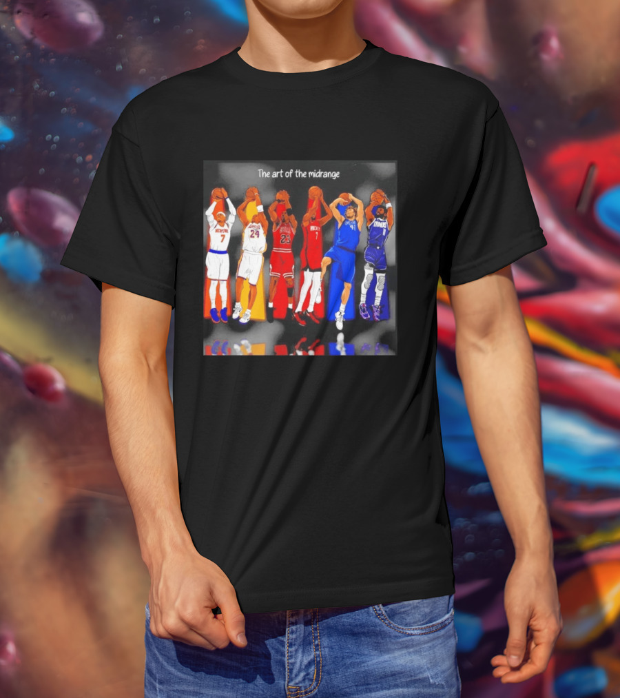 The Art Of The Midrange Basketball Legends Collage Knicks Lakers Bulls Rockets Mavericks T-Shirt