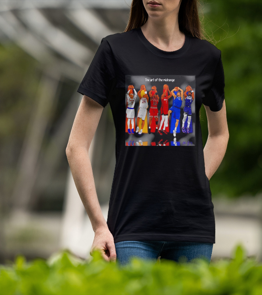 The Art Of The Midrange Basketball Legends Collage Knicks Lakers Bulls Rockets Mavericks T-Shirt