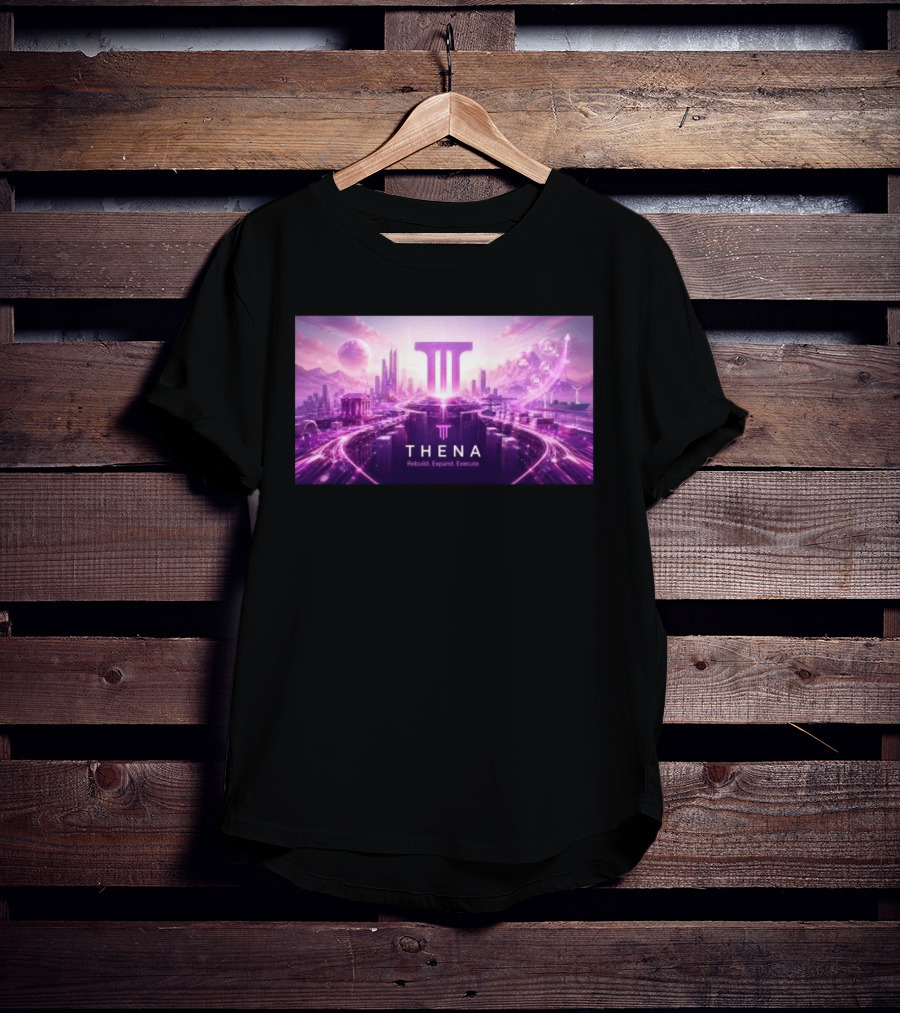 Thena Rebuild Expand Execute Futuristic Cityscape With Purple Skyline And Skyscrapers T-Shirt