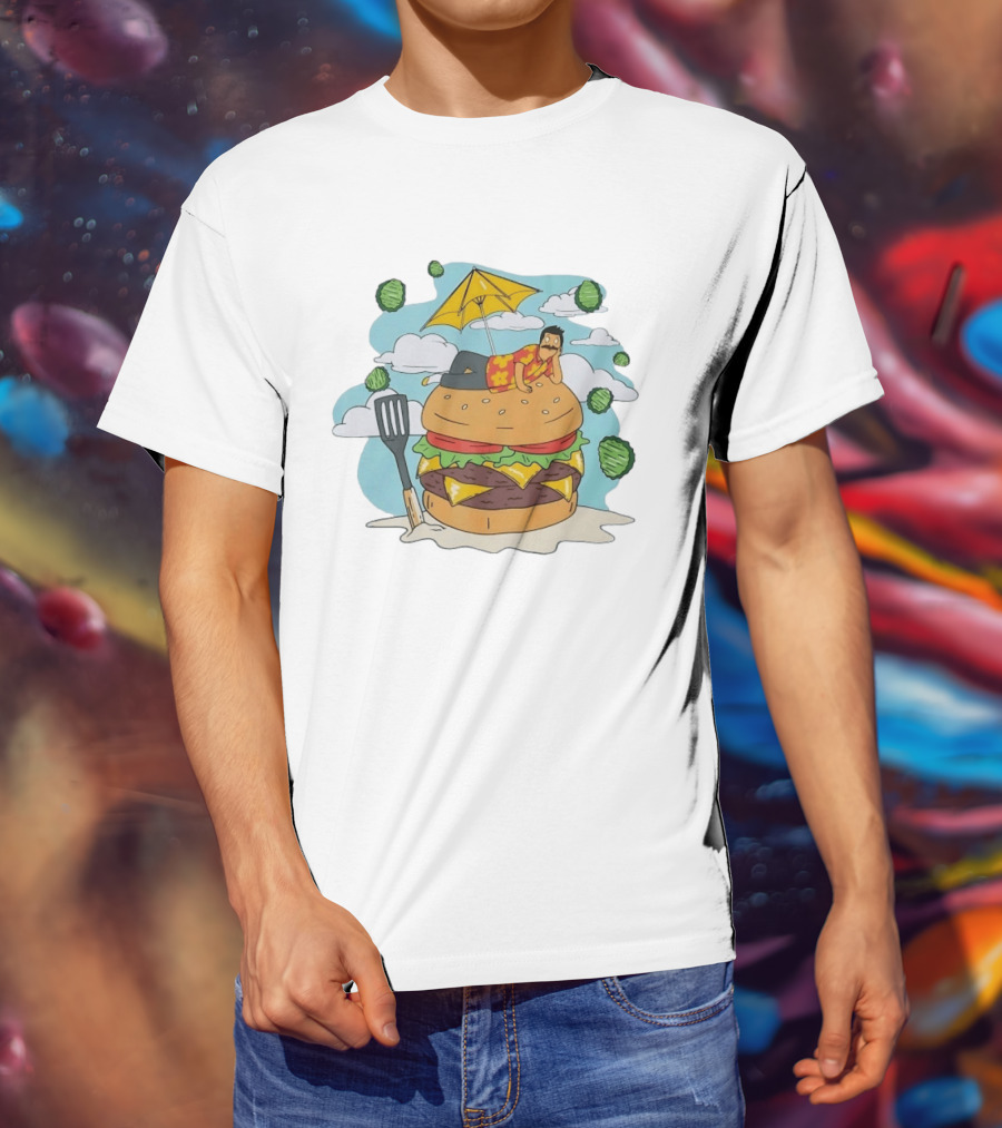 Bob Belcher Relaxing On Giant Burger With Lettuce Clouds And Spatula Bob's Burgers T-Shirt