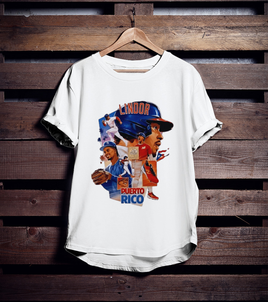 Francisco Lindor Puerto Rico New York Mets Baseball Legend Blue And Orange Helmet Dynamic Action Moves T-Shirt