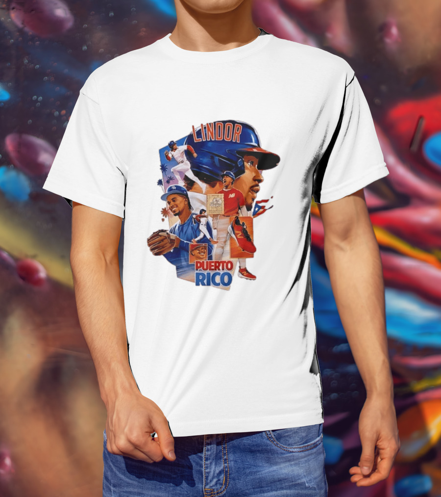 Francisco Lindor Puerto Rico New York Mets Baseball Legend Blue And Orange Helmet Dynamic Action Moves T-Shirt