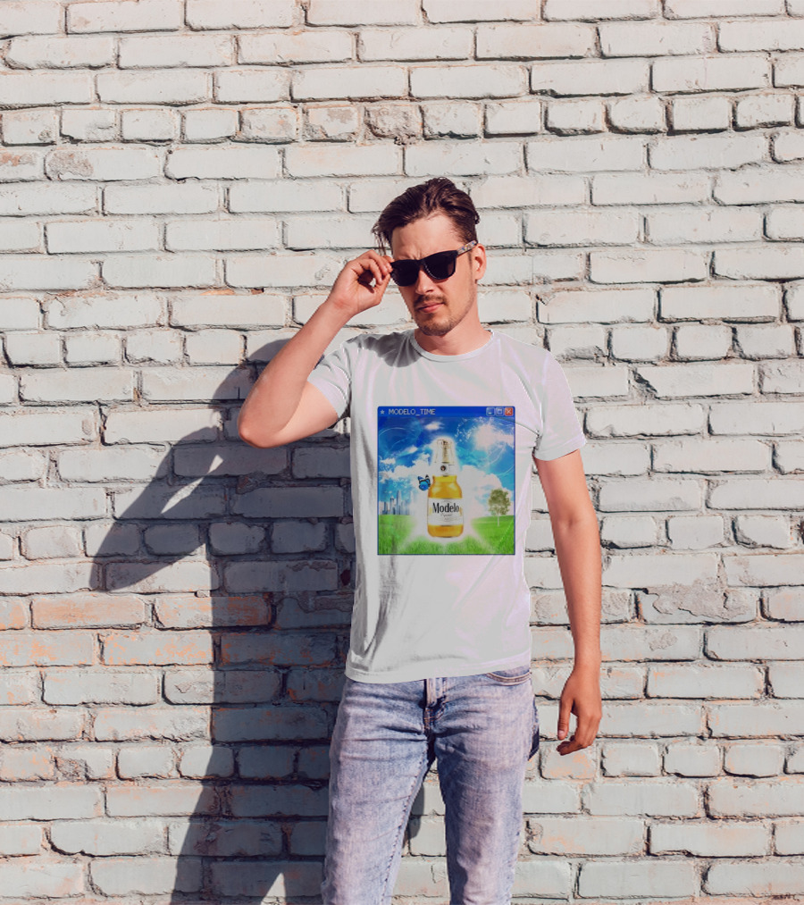 Modelo Time Frutiger Aero Aesthetic Butterfly Bottle Clouds Cityscape T-Shirt