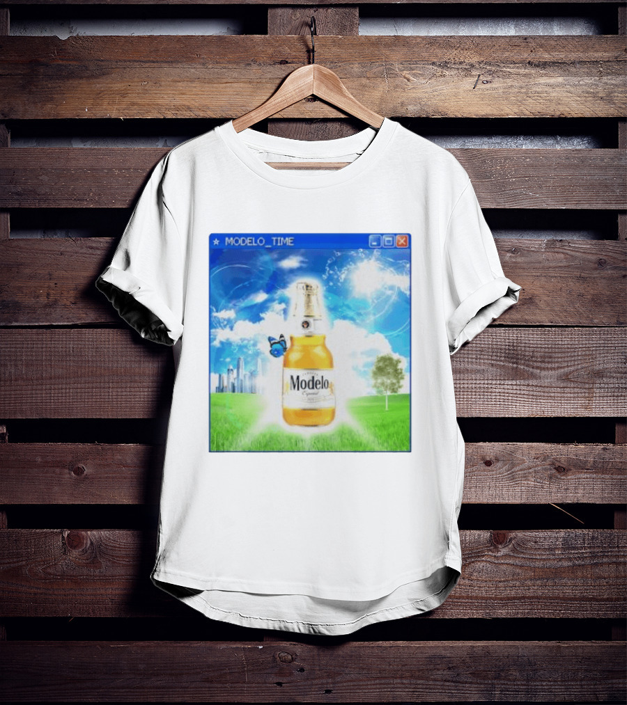 Modelo Time Frutiger Aero Aesthetic Butterfly Bottle Clouds Cityscape T-Shirt