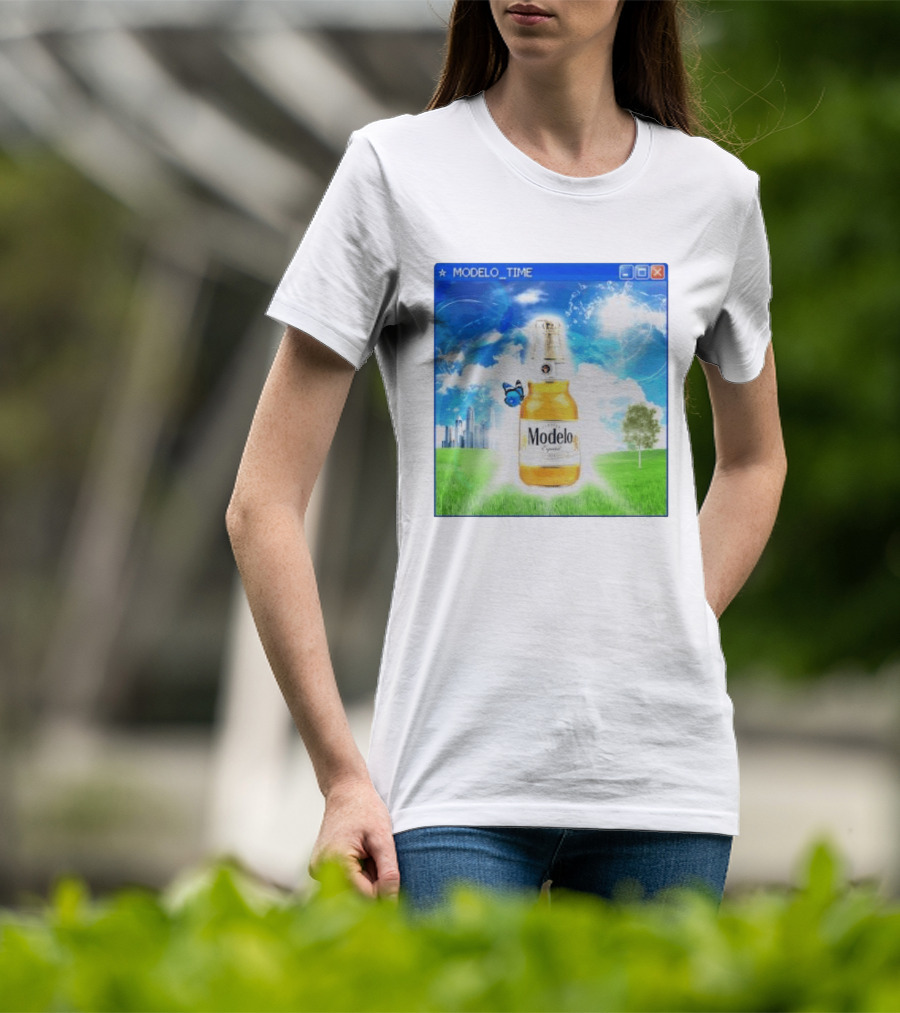 Modelo Time Frutiger Aero Aesthetic Butterfly Bottle Clouds Cityscape T-Shirt