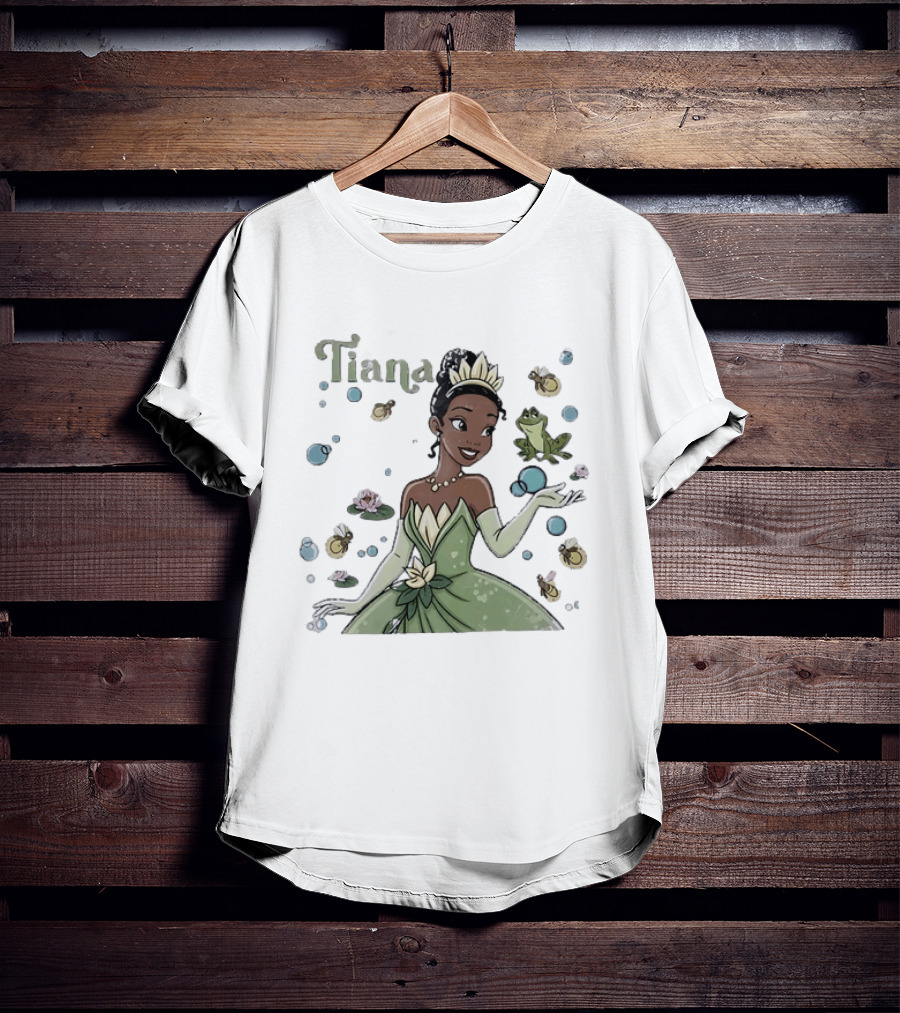 Tiana Disney Princess With Frog Fireflies And Water Lilies T-Shirt