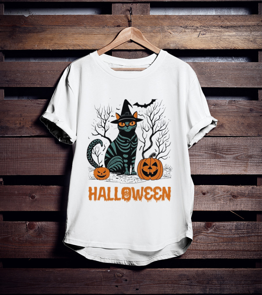 Halloween Skeleton Cat Witch Hat Pumpkins Spooky Forest Scene T-Shirt